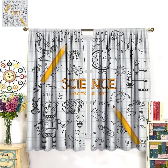 Science Symbols Kids Curtain Sketches Cartoon Chemistry Physics Geometry Education Pattern Print Window Drapes for Bedroom Living Room Kitchen Decor,2 Panel Set,63x63 Inch Blackout