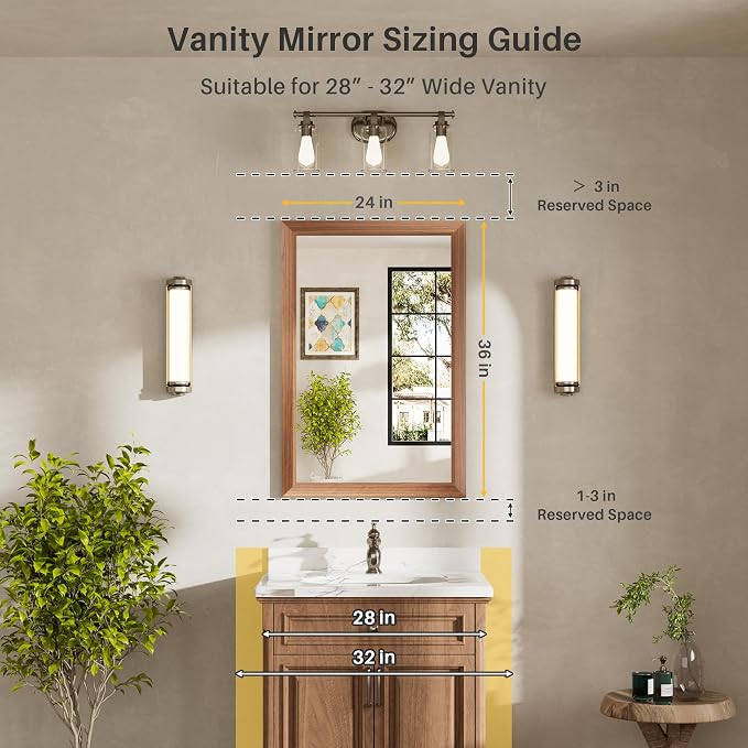 24x36 Inch Bathroom Mirror for Wall, Anti-Rust Walnut Wood Grain Metal Framed