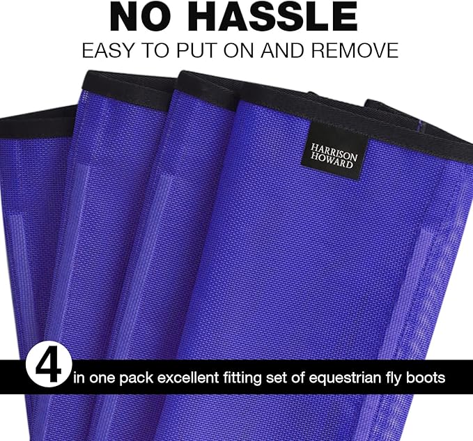 Harrison Howard Loose Fitting Fly Boots UV-Protective Extra Tough Mesh Ventilated Four Fasteners Stay-on Design Protect Horse Legs & Stomp-Reducing Set of 4 Deep Navy Medium
