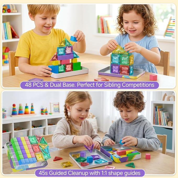 burgkidz Magnetic Tiles Travel Set: 48PCS 3-in-1 Tin Box Mini Magnet Blocks | 60-Mins Quiet Focus with 45-Second Cleanup, Perfect for Air Travel & Car Trips Boys & Girls Ages 3-8