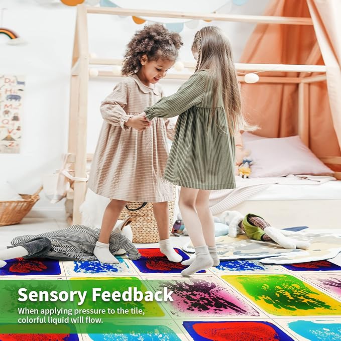 LONGKING 12" X 12" Sensory Tiles for Activity Play Centers for Children, Sensory Floor Tiles, Liquid Floor Tiles, Autism Sensory Poducts, Yellow | Sensory floor tiles, soft liquid gel, 12"x12", color movement play mat, playroom classroom daycare