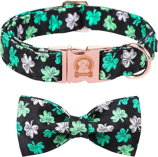 MR. CHUBBYFACE St.Patrick's Clover Dog Collar with Bowtie, White Green Clovers Shamrock Pet Collar with Metal Buckle, Soft Adjustable Puppy Collar for Small Medium Large Dogs