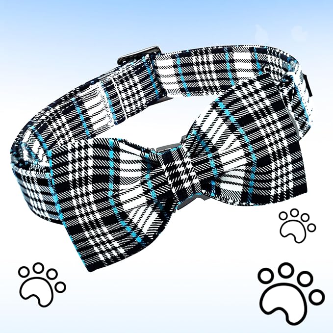 Lionheart glory Dog Bow Collar Blue and Black Plaid Dog Collar for Small Dogs,Boy Dog Collars with Bowtie Spring Summer Collars Soft Adjustable Pet Collar Bows