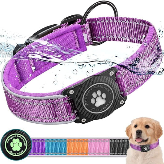 Airtag Dog Collar with Waterproof Air Tag Holder, Luminous Reflective, Soft Padded, Adjustable Nylon Pet Collar for Small Medium Large Heavy Duty Dogs,Purple, M