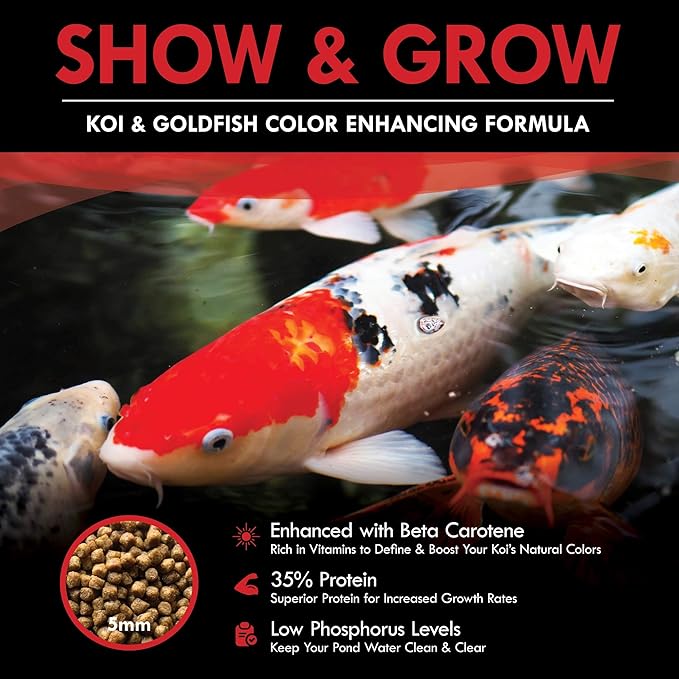 HALF OFF PONDS Show & Grow Koi Fish Food - 20 lb Floating Pellets, 5mm Size - Goldfish Food for Ponds - 35% Protein with Beta Carotene & Vitamins - Enhances Color Vibrancy & Body Definition
