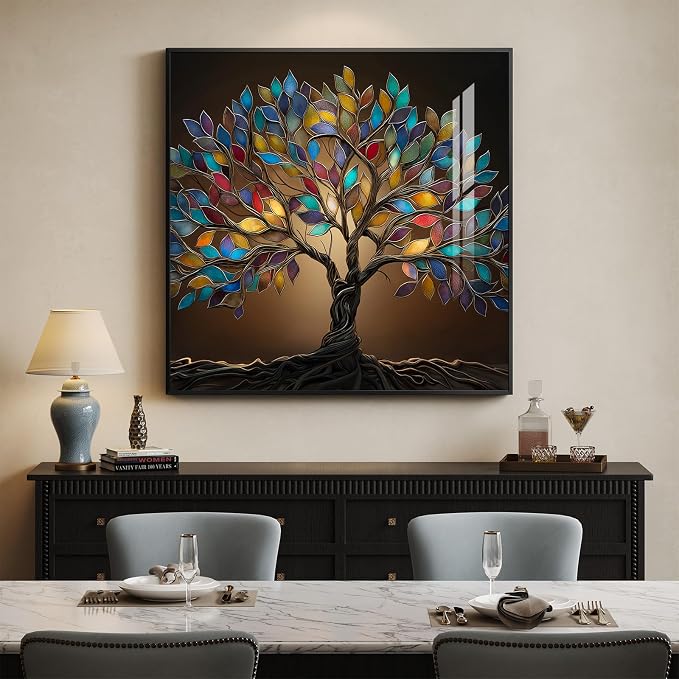 Framed Square Tree of Life Wall Art, Modern Contemporary Tree Painting Prints
