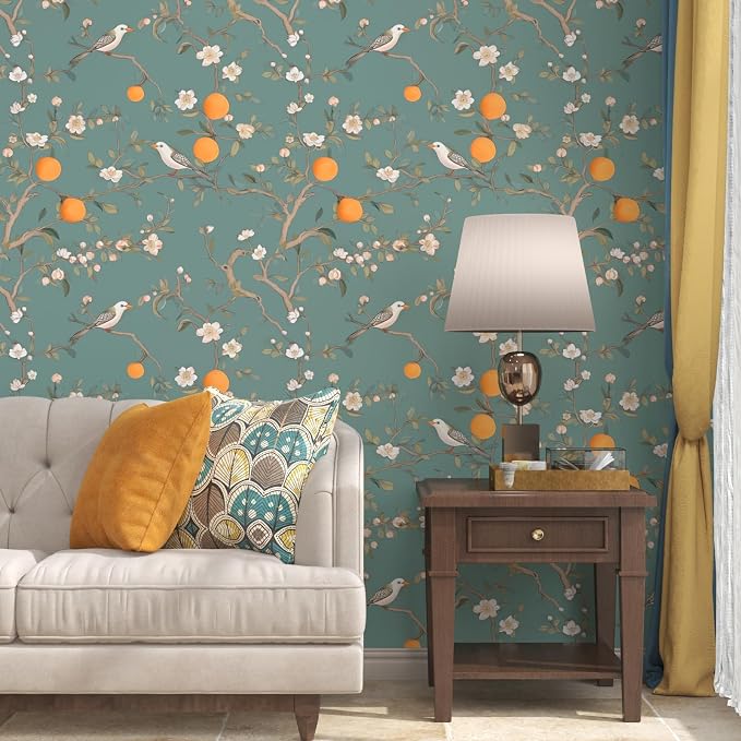 Green Floral Wallpaper Peel and Stick, Birds & Orange Fruits Contact Paper
