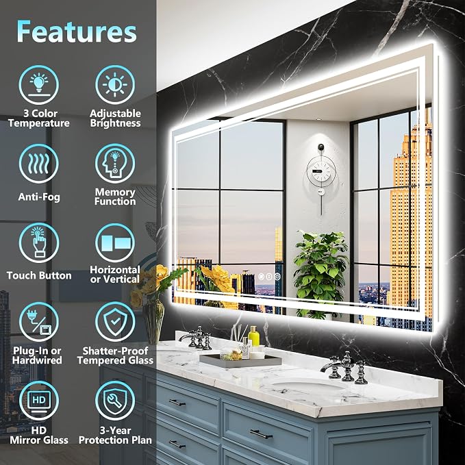 72x36 LED Bathroom Mirror with Lights, Backlit and Front Lit Anti-Fog Lighted