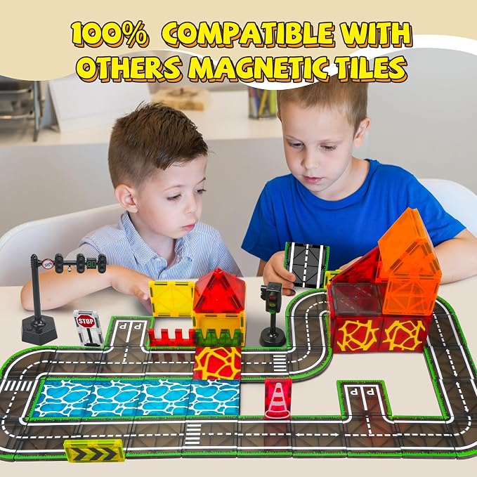 Magnetic Tiles for Kids Ages 4-8, Road Set with Traffic Light Boy Stem Toys | Traffic City Center Expansion Set, Pullback Car, Ship, Race Track, Preschool Building Blocks Toy, Gifts for 4+year old