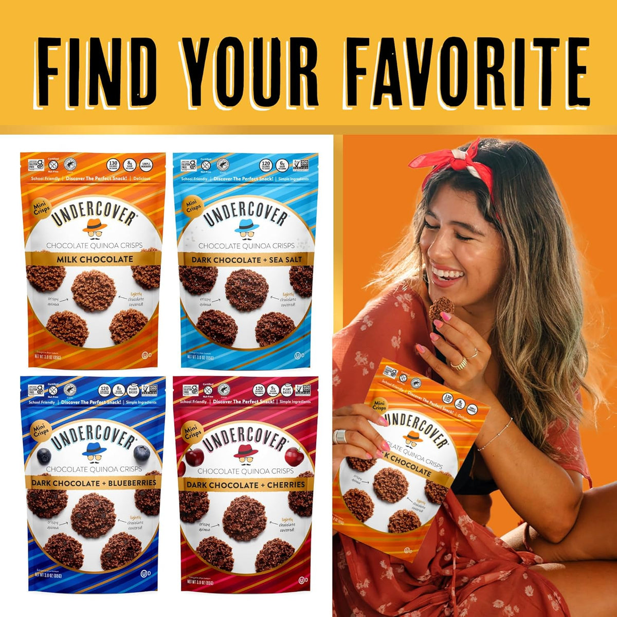 Undercover Snacks Chocolate Quinoa Crisps - Dark Chocolate + Sea Salt Quinoa Crisps | 7-Pack, 3oz Bags of Mini Crisps | Gluten Free, Nut-Free, Allergen Friendly, Kosher, Plant-Based