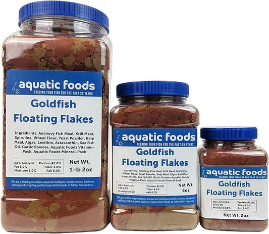 Aquatic Foods Inc. Premium Goldfish Flakes, 42% Protein Color Enhancing and Spirulina Flakes for Aquarium, Koi and All Pond Fish Also Pellet Mix, Wafer Mix Included…2oz