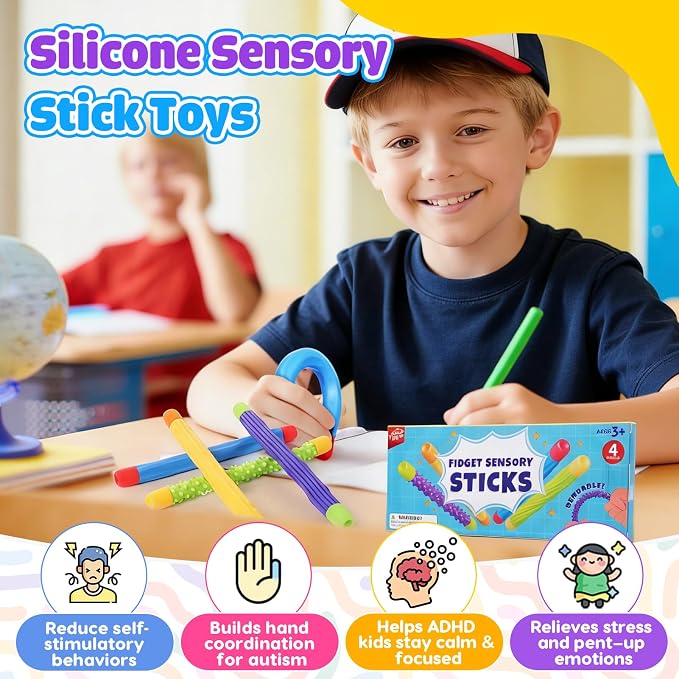 Fidget Sensory Sticks for Kids: 4 Pack Thickened & Flexible Silicone Fidget Stick - Fidget Stress Toy for Kids Autism ADHD Calming - Quiet Fidgets for Classroom Focus Prizes - Travel Calm Essentials
