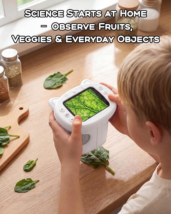 Kids Microscope 1000X Magnification, 4K Digital Handheld Pocket Microscope with 2.4", Rechargeable STEM Learning Science Kit Outdoor Exploration Toy Gift for Children Age 4-12,White
