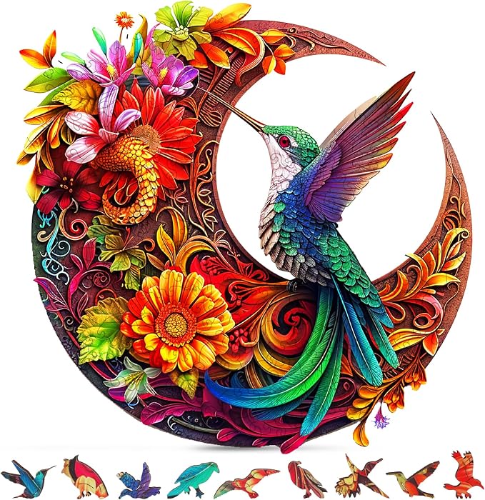 Unique Wooden Puzzles for Adults, Hummingbird Puzzle 200 Pieces 11.4" x 11.4", Animal Shaped Wood Puzzles Adult, Wooden Jigsaw Puzzles for Adults, Family Games for Kids and Adults