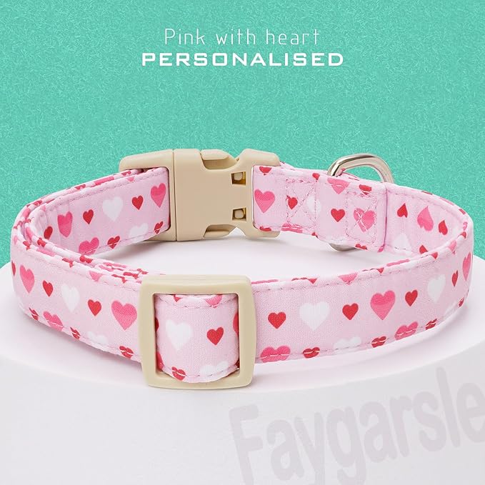 Faygarsle Valentine's Day Dog Collar, Pink with Red and White Hearts Pattern, Adjustable with Quick-Release Buckle and Heart Charm S