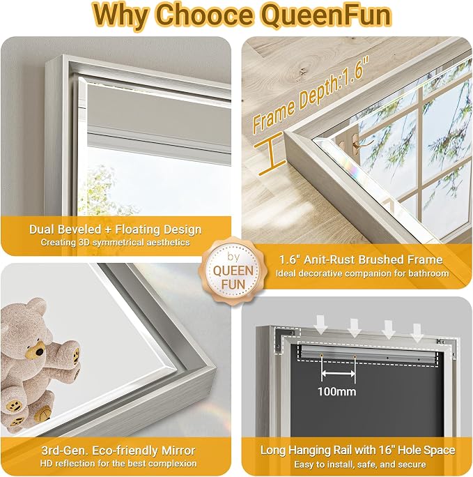 48'' x 30'' Brushed Nickel Framed Beveled Bathroom Mirror, Shatterproof