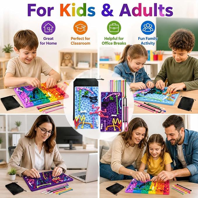 Sensory Activity Board, Sensory Fidget Toys for Kids Adults, Stress Relief | Quiet Sensory Toys, Fidget Toys for Adults and Kids, 14 Colorful Strings, Screen-Free Travel Activity for Car and Airplane