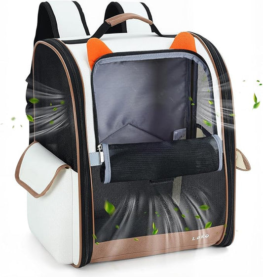Lekereise Ventilated Dog Backpack Carriers, Cat Carrier Backpacks with Breathable Mesh for Small Cats Dogs Up to 17 Lbs, Pet Foldable Backpack Great for Travel Hiking Camping Outdoor Beige-Orange Ears