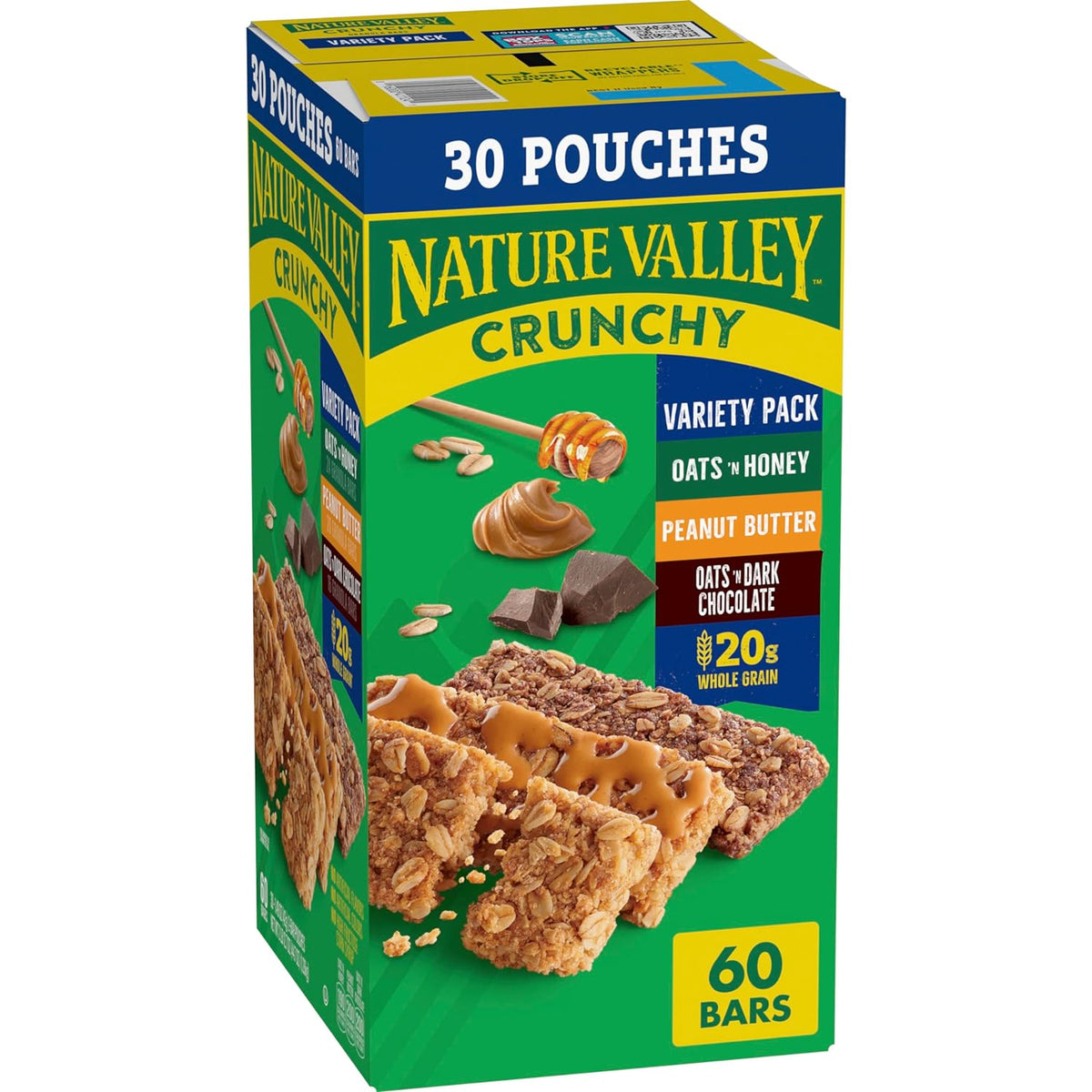 Nature Valley Crunchy Granola Bars, Oats & Honey, Peanut Butter, Oats & Dark Chocolate, Gluten Free, Value Pack, 60 Bars, 44.7 OZ (30 Pouches)