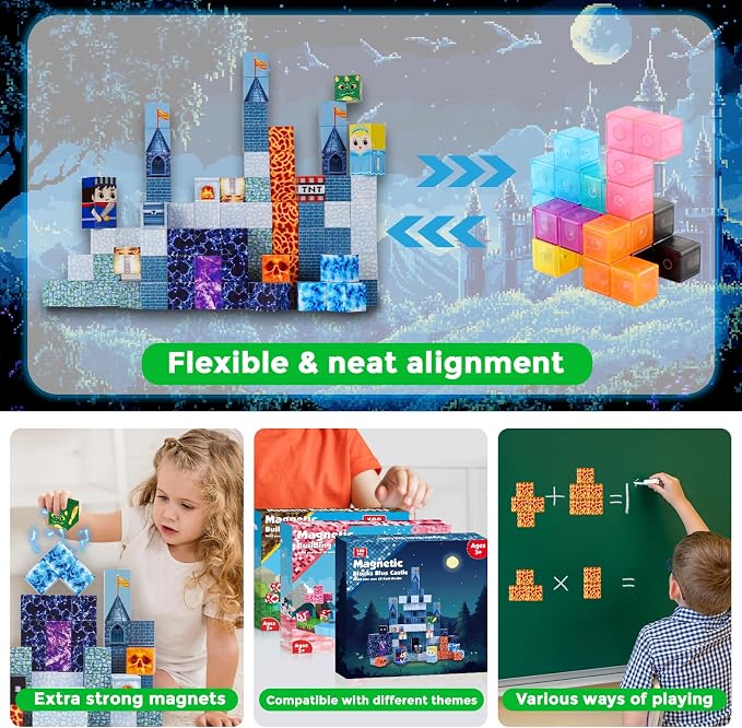 ToyUnited 100PCS Magnetic Blocks - Magnet Building Blocks, Stacking Magents Cubes Toys Blue Castle Set, STEM Montessori Sensory Toys for Kids Boys and Girls Ages 3 4 5 6 7 8 9 10+ Birthday Gifts