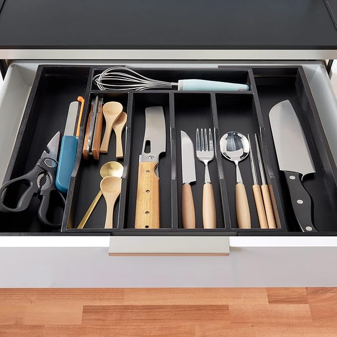 2-Piece Expandable Bamboo Kitchen Drawer Organizer for Cutlery and Utensils, Adjustable Bamboo Wood Cutlery Tray in Drawer for Flatware and Silverware in Kitchen, (Black)