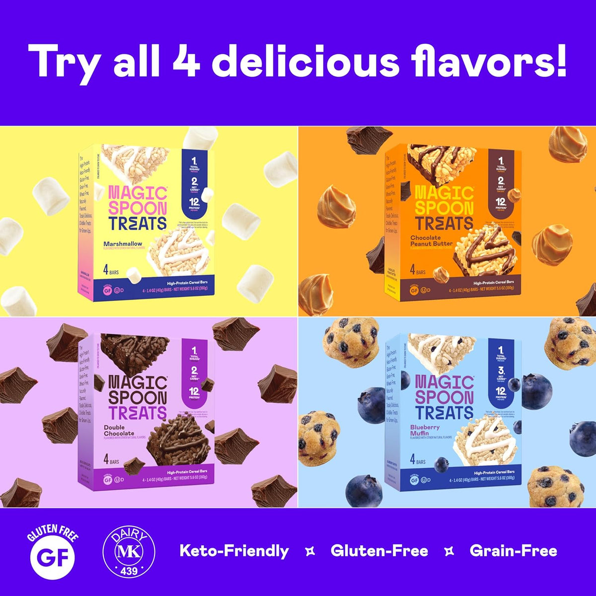 Magic Spoon Treats - 8 High Protein Bars: 2 Marshmallow, 2 Chocolate Peanut Butter, 2 Blueberry Muffin, 2 Double Chocolate - High Protein Gluten Free Snack - Sugar Free Protein Cereal Bar
