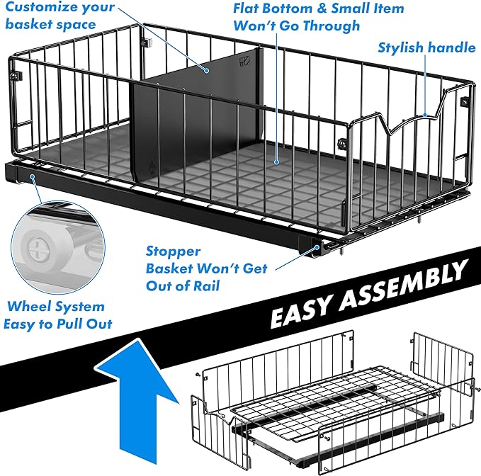 Simple Houseware Pull-Out Cabinet Sliding Basket Organizer, 17.2" D x 9.7" W x 5" H – Black, Ideal for Kitchen and Bathroom Cabinet Storage, Under Sink or Pantry Organization