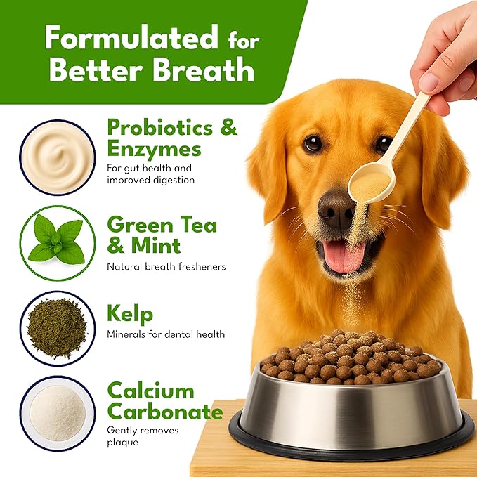 Pupzle Dog Teeth Cleaning Powder for Fresh Breath, Dog Dental Powder, Tartar & Plaque Focused, Natural Breath Freshener, Pet Dental Supplement with Probiotics for Gut Health, Mint, 60 Days Supply