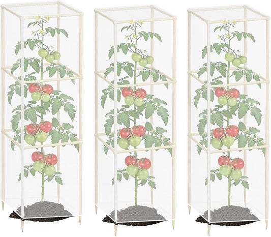 Klmnop 3 Pcs Tomato Cage Cover, Bird Netting for Square Tomato Cage, 15.7" x 15.7" x 49" Plant Cover with Zipper & Drawstring, Garden Bird Barrier Protection for Tomato Plants(Cover Only, White)