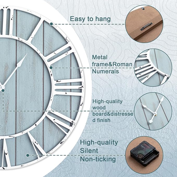 Quelay 30 Inch Coastal Wall Clock, Quiet Ticking Battery Operated, Rustic Retro