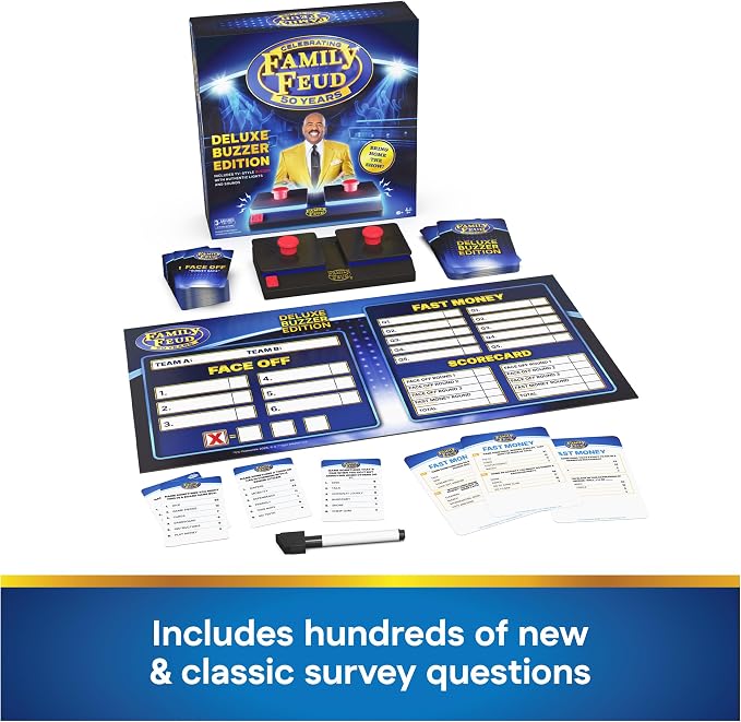 Spin Master Games Family Feud: Deluxe Buzzer Edition Board Game | Survey Says Fun, Guess The Most Popular Answers, Features Buzzer with Lights & Sounds, For 3 or More Players, Ages 8 & Up