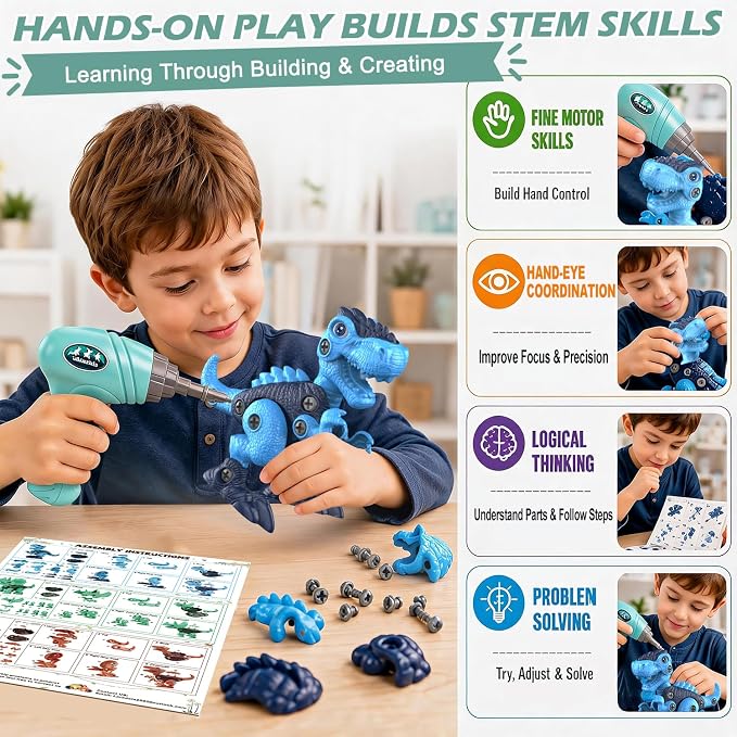 Take-Apart Dinosaur Toys for Boy 4-6: 85 Piece 3 Pack Dino & Electric Drill | Easy-to-Use Construction Building Set for Little Hands - STEM Educational Toy & Gifts for Kids Birthday Christmas