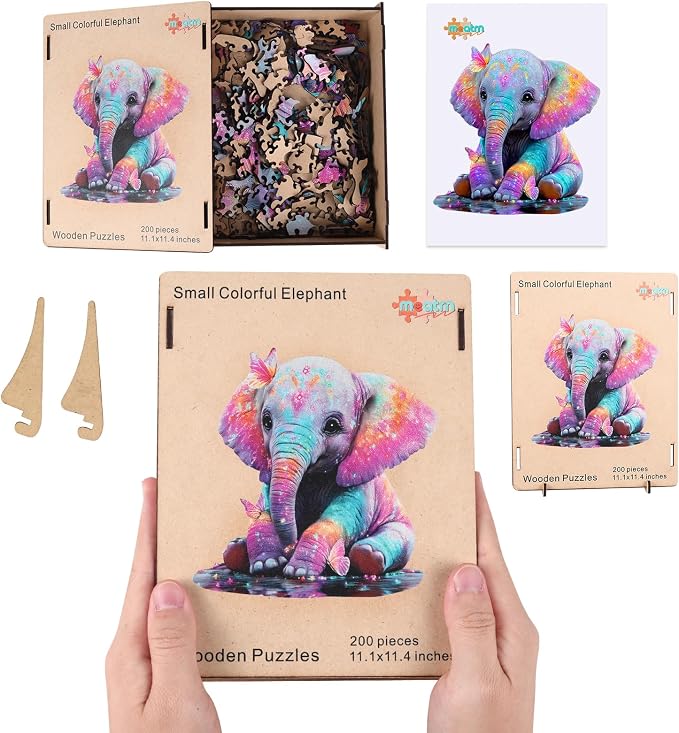 MEATRN Wooden Jigsaw Puzzles, Animal Puzzles for Adults & Kids, 199 Pcs | Colorful Baby Elephant with Butterflies, Educational Brain Teaser Gift and Home Art Decor, 11.1x11.4 in