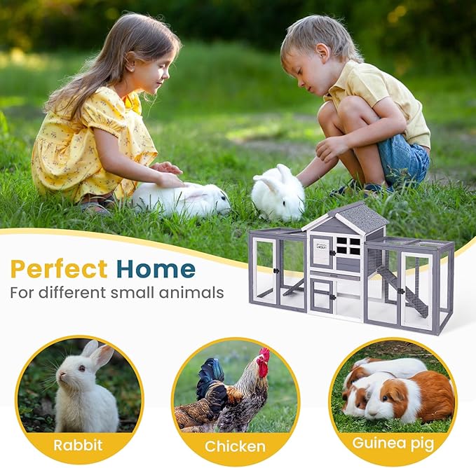 GEGURI Wooden Rabbit Hutch, Indoor Outdoor Chicken Coop Bunny Cage with Waterproof Roof
