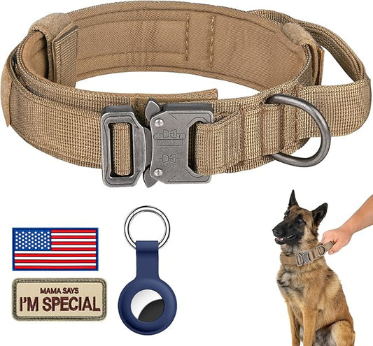 DAGANXI Tactical Dog Collar, Adjustable Military Training Nylon Dog Collar with Control Handle and Heavy Metal Buckle for Medium and Large Dogs, with Patches and Airtags Case (XXL, Brown)