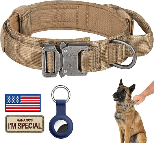 DAGANXI Tactical Dog Collar, Adjustable Military Training Nylon Dog Collar with Control Handle and Heavy Metal Buckle for Medium and Large Dogs, with Patches and Airtags Case (S, Brown)