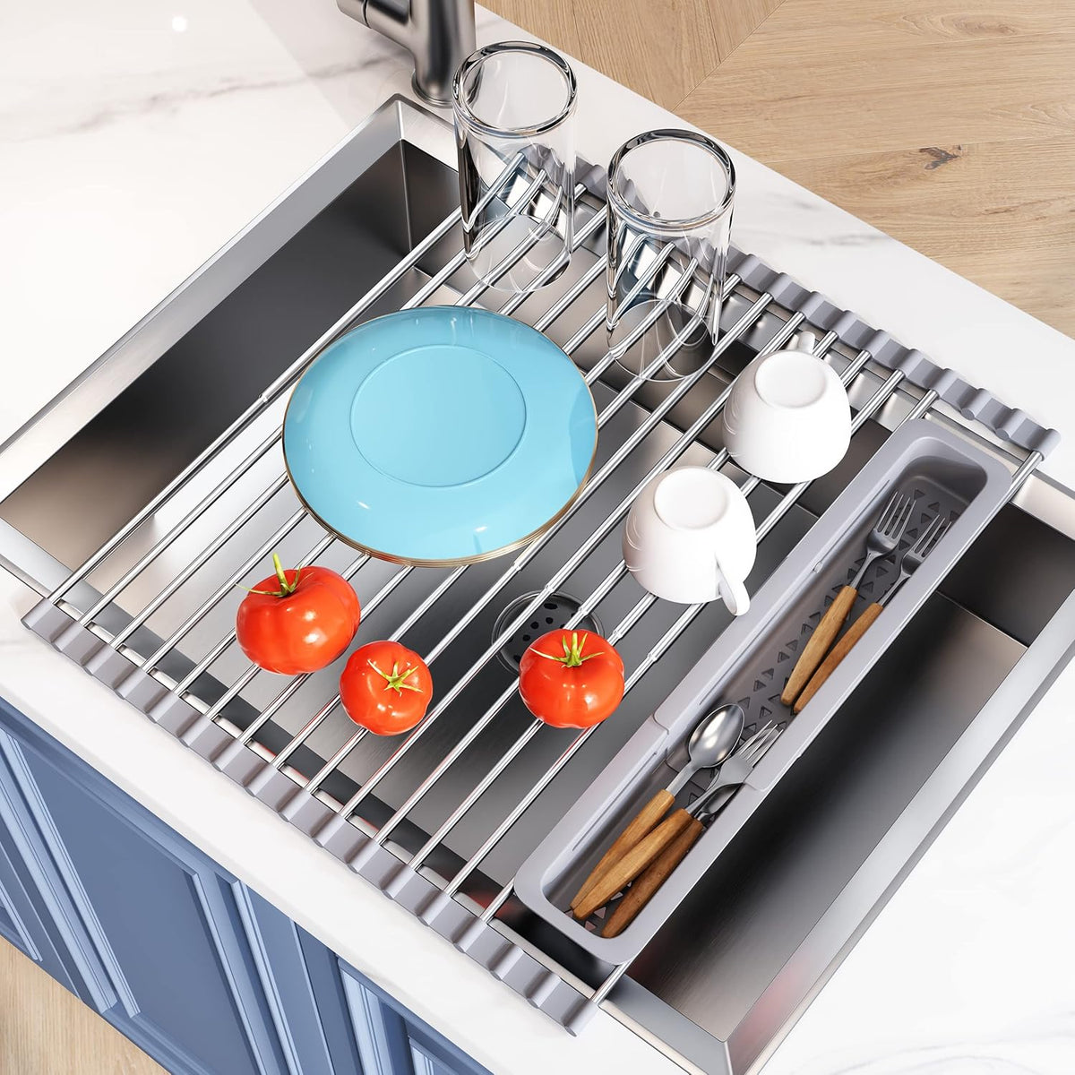JASIWAY Dish Drying Rack in Sink, Expandable Stainless Steel Dish Drainers for Kitchen Counter, Dish Dryer Rack for Inside Sink, Over The Sink Dish Racks with Utensil Holder, Silver