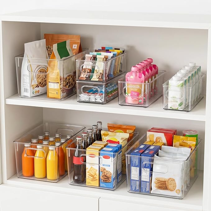 Clear Stackable Storage Bins with Handles, 8 Pack (4 Large + 4 Small)