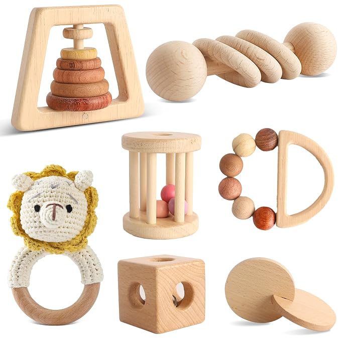Wooden Montessori Toys 7PCS Wooden Baby Toy for Babies 12-36 Months, Natural Wood Rattle Toy Set with Crochet Lion Rattle, Gift for Infant Boys Girls