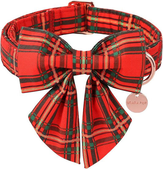 Christmas Dog Collar with Bow Tie, Cotton Christmas Plaid Collar for Medium Girl Boy Dog,Red &Green Plaid Dog Collar Bowtie with Durable Metal Buckle,Adorable Pet Collar, XS, Neck 8-12in