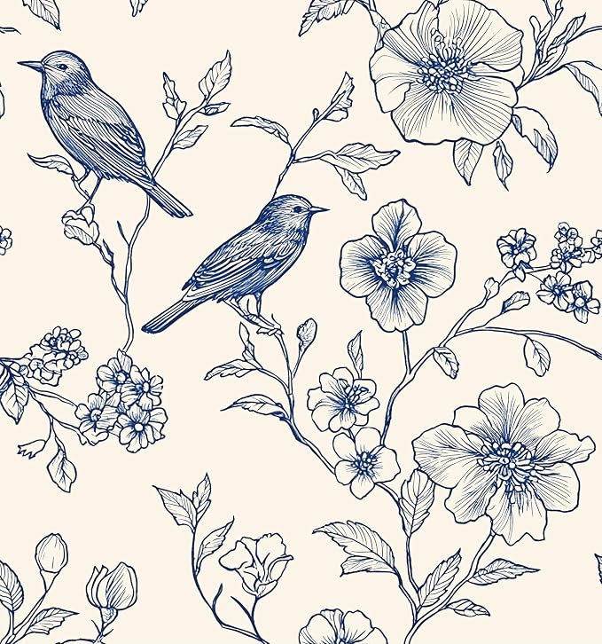 Beige Wallpaper Peel and Stick Blue Floral Bird Vintage Contact Paper 17.5" x