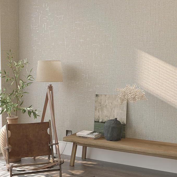 VEELIKE Beige Grasscloth Peel and Stick Wallpaper Textured Neutral Grasscloth