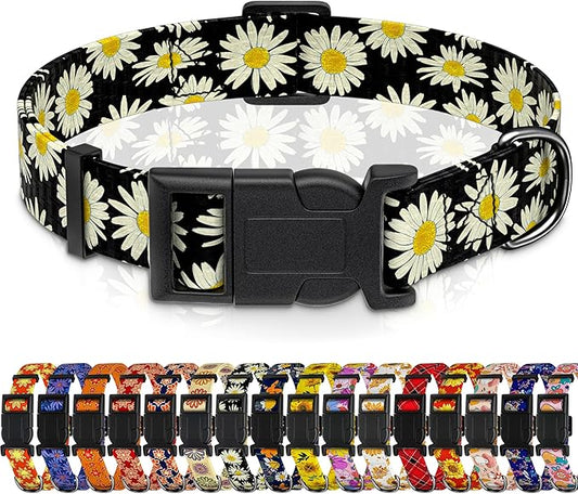 Dog Collar, Daisy Boys Girls Puppy Collar for Small Medium Large Dogs, Adjustable Soft Floral Pet Collar with Safety Buckle for Male Females(Black Daisy,S)
