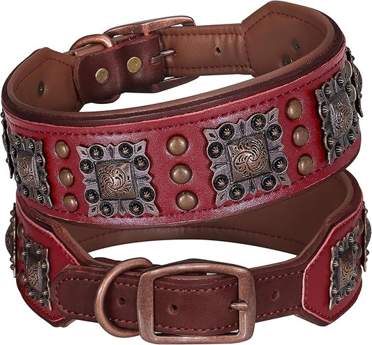 PET ARTIST Genuine Leather Dog Collar for Large Dogs, 2 inch Wide Luxury Dog Collar with Rivet Studded & Metal Buckle, Comfortable & Stylish Pet Collars for Great Dane Rottweiler,Red,Neck 22-25"