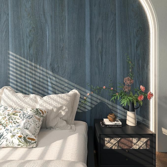 BOMENG Peacock Blue Wallpaper Stick and Peel Blue Wood Grain Contact Paper
