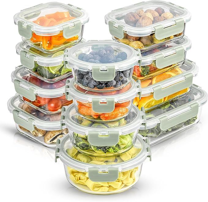 JoyJolt 24pc Borosilicate Glass Storage Containers with Lids | 12 Airtight/Freezer Safe Food Storage Containers for Pantry and Kitchen | Meal Prep Container for Lunch | Glass meal Set