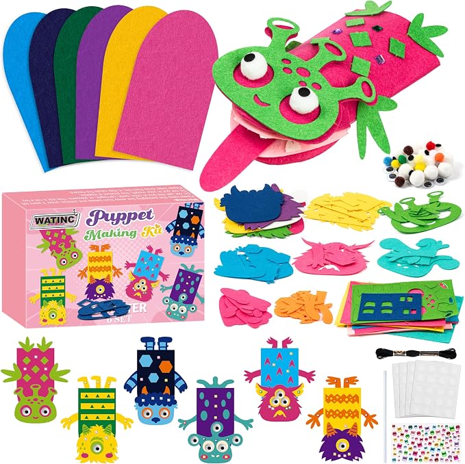 WATINC Hand Puppet Making Kit, Felt Sock Puppet Toys for Kids (Monster B) | 6 Styles, Make Your Own Storytelling & Role Play Crafts, Creative Group Activity, Party Favors & Gifts for Kids Ages 4-8