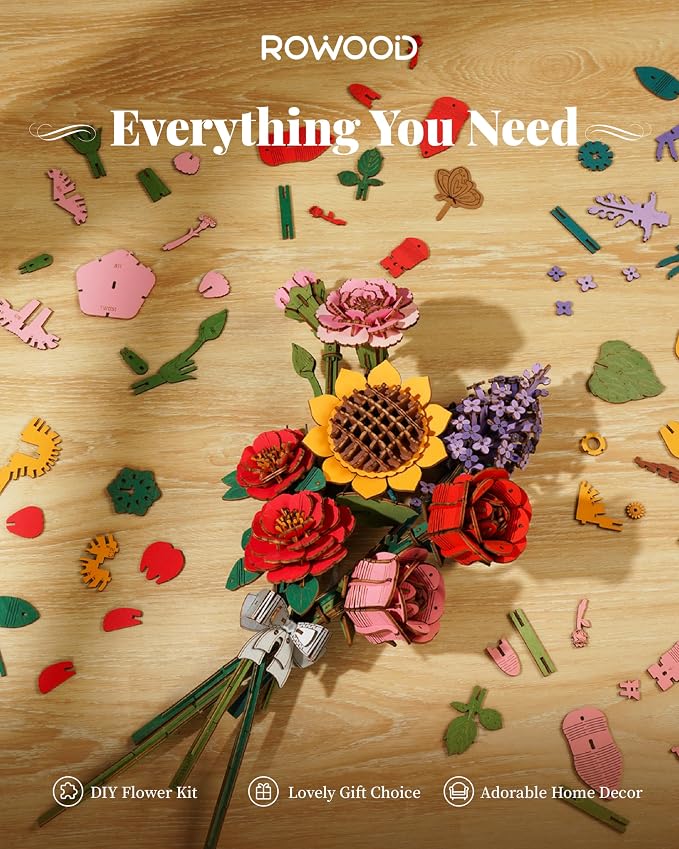 rowood 3D Puzzle Wood Flower,DIY Artifical Flower Building Set Craft Kit for Women,Mother's Day/Valentine's Day/Teacher's Day/Thanksgiving/Christmas/Birthday Gift -Pink Carnation