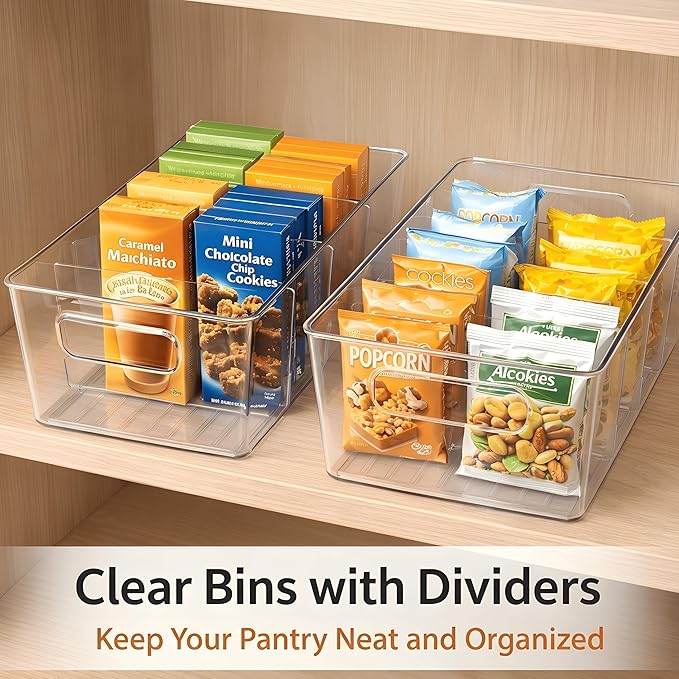 8 Pack Pantry Organizers and Storage, Food Storage Containers with 3 Removable Divider for Kitchen, Fridge, Cabinet Organization, Clear Plastic Storage Bins for Snacks, Spice Packets, Packets, Pouches