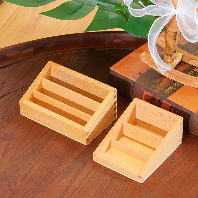 Montessori Three Part Box 2pcs– Solid Beechwood 3-Compartment Storage Tray for Language Cards, Classification & Organization, Montessori Classroom Homeschool Materials for kids